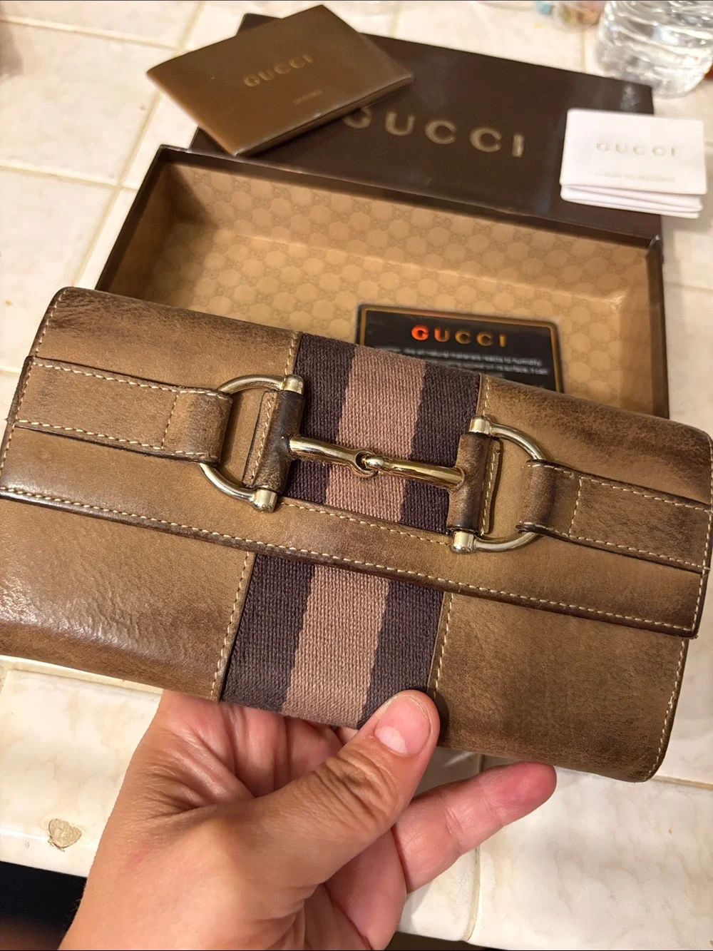 Gucci Bronze Metallic Leather Horsebit Wallet with Brown Stripe